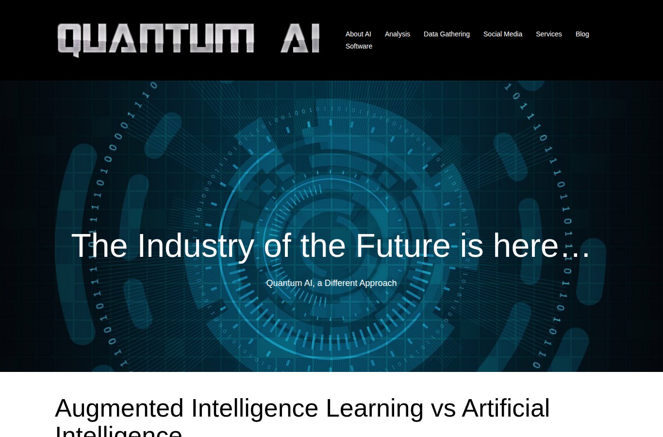 The original QuantumAI homepage, with its silver logo, black header, and blue technology hero.